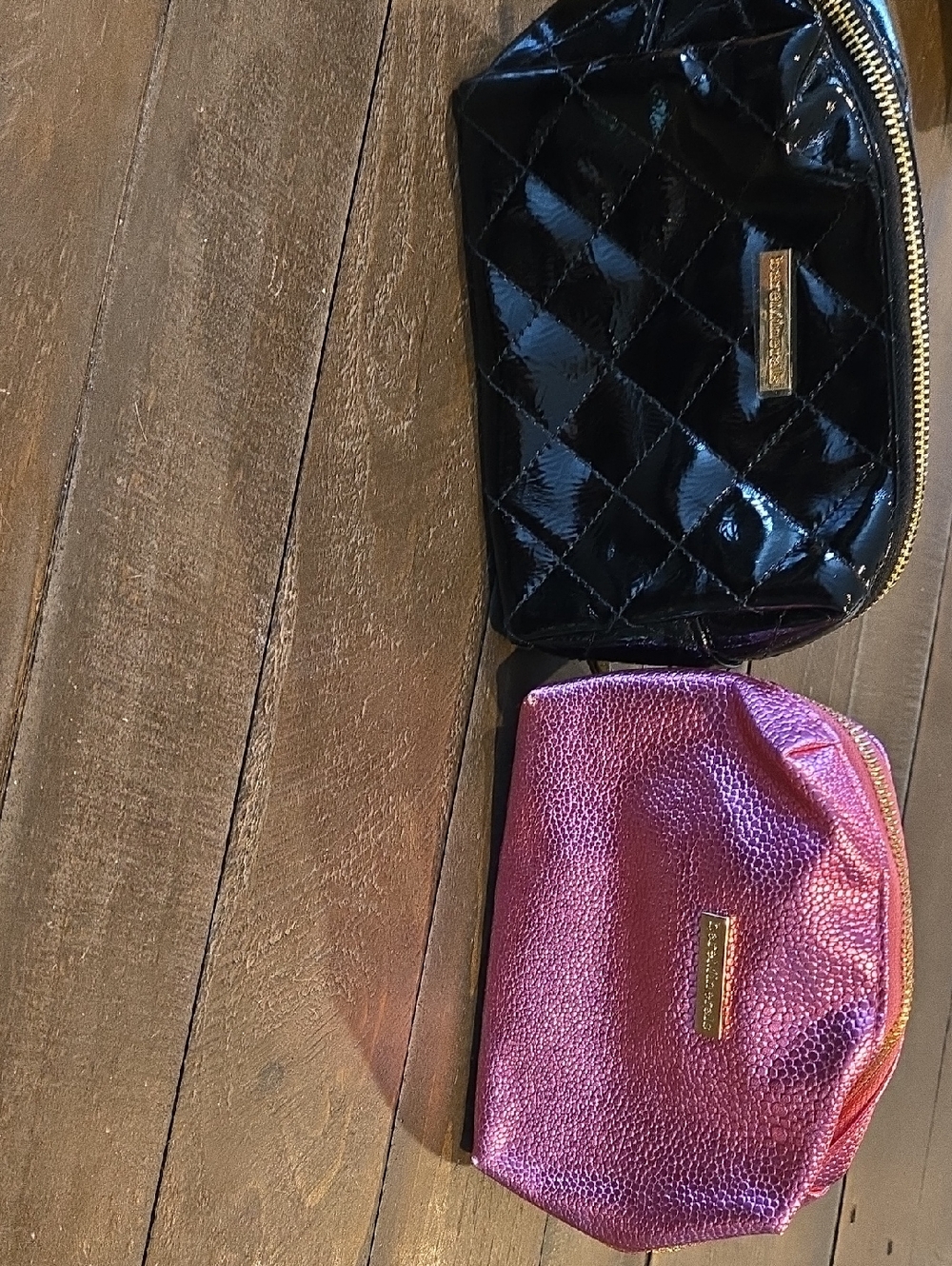 Black Quilted Patent and Metallic Pink Cosmetic Pouches
